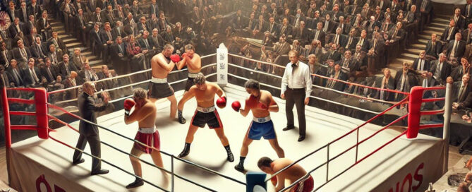 Ein fotorealistisches Bild eines politischen Boxkampfs in einer großen Arena. Im Ring kämpfen Politiker in Anzügen mit Boxhandschuhen, einige sind am Boden, andere streiten mit dem Schiedsrichter. Um den Ring hängen Banner der österreichischen Parteien (ÖVP, SPÖ, FPÖ, NEOS). Im Publikum sitzen Journalisten und verwirrte Bürger, die das Chaos fassungslos beobachten. Die dramatische Beleuchtung verstärkt die theatralische Atmosphäre des politischen Spektakels.