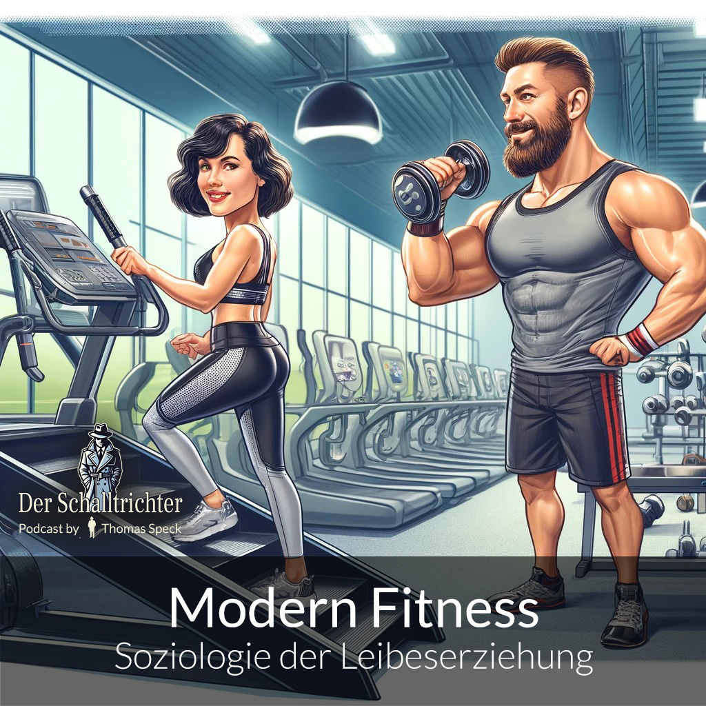 In einem blitzblanken Tempel der Selbstoptimierung – von Eingeweihten auch Fitnessstudio genannt – begegnen wir zwei Archetypen moderner Leibesdarstellung. Links erklimmt eine Dame im Hochglanz-Zweiteiler mit betonter Rückansicht einen Stairmaster, jenes sagenumwobene Gerät, das echte Treppen durch elektronische Schamstufen ersetzt. Ihr Blick geht lächelnd zurück – vermutlich, um sich zu vergewissern, dass ihr digitaler Schatten (alias: Follower) mithält. Rechts davon ein Paradebeispiel der Gattung Discopumper primus maximus: ein muskelgepanzerter Adonis mit Bart, Kurzhaarfrisur und einem Bizeps, der offenbar ein eigenes Instagram-Konto betreibt. In der einen Hand eine Hantel, in der anderen – imaginär – das Drehbuch seines nächsten Reels. Er steht, wie man es von Ochsen kennt: breitbeinig, stolz und etwas zu ernst für die Gesamtsituation. Der Raum im Hintergrund, voll mit Laufbändern und Kraftgeräten, wirkt wie das Setting eines Soziologiepraktikums mit Schwerpunkt Selbstvermarktung in Bewegung. Lichtfluten von außen lassen erahnen, dass niemand hier draußen läuft – wozu auch, wenn es drinnen Filter und Spiegel gibt?