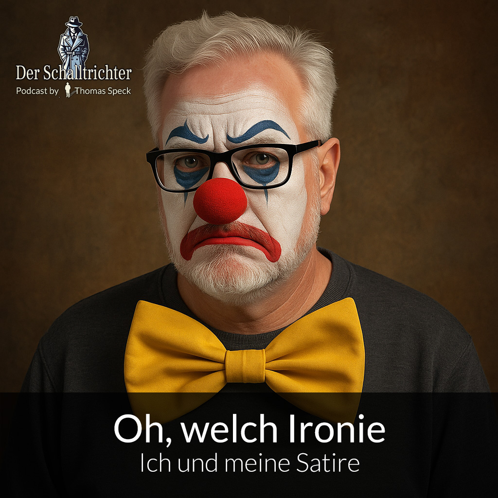 Ein älterer Mann mit weißem Haar (ja, das bin ich selbst), Brille und Clownsschminke blickt traurig und nachdenklich in die Kamera. Sein Gesicht ist ernst, fast resigniert – rote Nase, heruntergezogene Mundwinkel, blaue Schminklinien über den Augen. Er trägt eine übergroße gelbe Fliege. Im Bild steht der Titel: ‚Oh, welch Ironie – Ich und meine Satire‘. Der Hintergrund ist neutral braun, der Ausdruck eine Mischung aus Frust, Müdigkeit und leiser Komik.