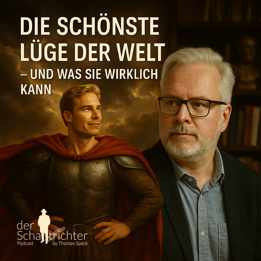 Ein quadratisches Podcast-Cover zeigt links eine heroische Fantasiefigur in glänzender Rüstung mit rotem Umhang, der selbstbewusst in die Ferne blickt. Rechts steht ein Mann mit weißem Haar, Bart und schwarzer Brille, Thomas Speck – er wirkt nachdenklich und ruhig, als würde er über das Gesagte reflektieren. Der Hintergrund vereint dramatisch beleuchtete Wolken mit einem Bücherregal, was die Spannung zwischen Vorstellungskraft und Realität unterstreicht. Oben im Bild steht der Titel in weißer Schrift: „DIE SCHÖNSTE LÜGE DER WELT – UND WAS SIE WIRKLICH KANN“.