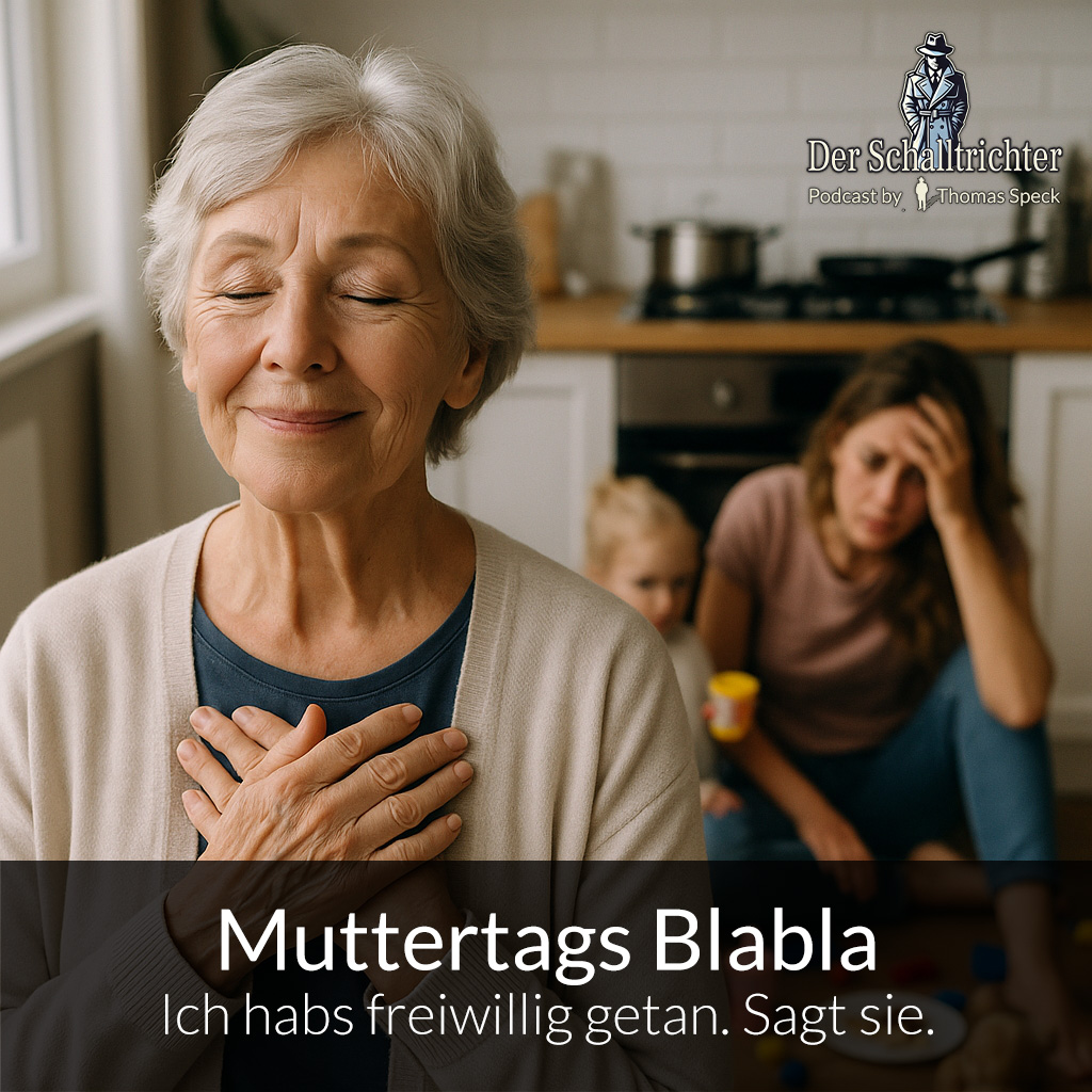 Eine ältere Frau mit silbergrauem Haar steht im Vordergrund, ruhig und zufrieden lächelnd. Sie trägt eine beige Strickjacke, ihre Hände sind sanft vor der Brust gefaltet. Im Hintergrund: eine junge Mutter in Alltagskleidung, sichtbar erschöpft, mit zerzaustem Haar, inmitten eines unaufgeräumten Raumes mit Spielzeug, Geschirr und einem kleinen Kind auf dem Arm. Die Großmutter blickt gelassen ins Leere – sie scheint das Chaos hinter ihr gar nicht wahrzunehmen.