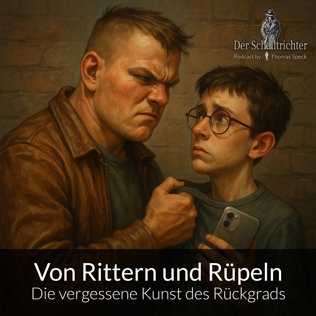 Zwei Jugendliche stehen vor einer Backsteinwand. Der größere Junge mit kurzgeschnittenem Haar und Lederjacke hält den kleineren, schmächtigen Jungen mit Brille am Kragen fest und blickt ihn bedrohlich an. Der kleinere Junge wirkt verängstigt und hält ein Smartphone an seine Brust gedrückt, während er den Angreifer verunsichert anschaut. Die Szene ist in warmen, gedeckten Farben gehalten und erinnert stilistisch an ein klassisches Ölgemälde.