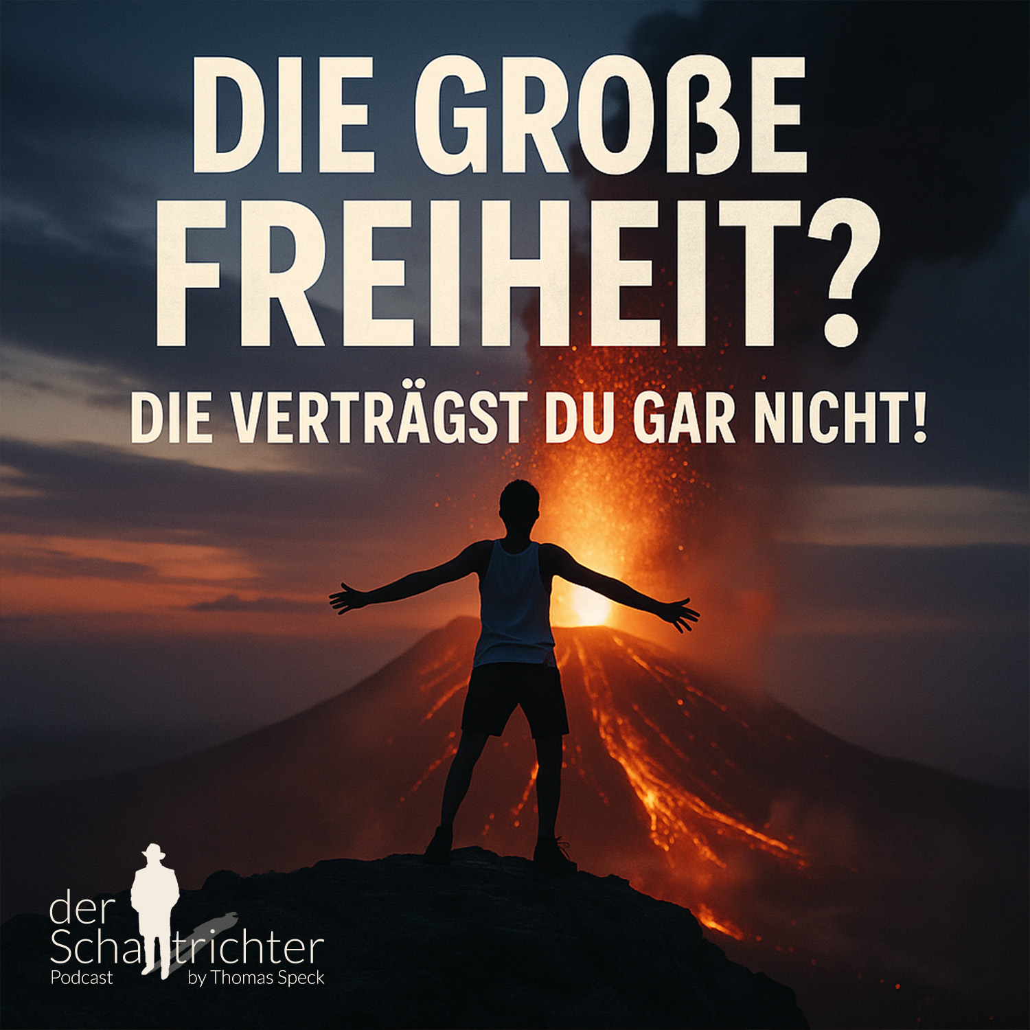 Ein dramatisches Titelbild: Im Vordergrund steht die Silhouette einer Person mit ausgebreiteten Armen auf einem Felsen. Im Hintergrund bricht bei Sonnenuntergang ein Vulkan aus, Lava strömt herab, Rauch steigt auf. Oben im Bild steht in großen Buchstaben der titel der Episode: „DIE GROßE FREIHEIT? DIE VERTRÄGST DU GAR NICHT!“