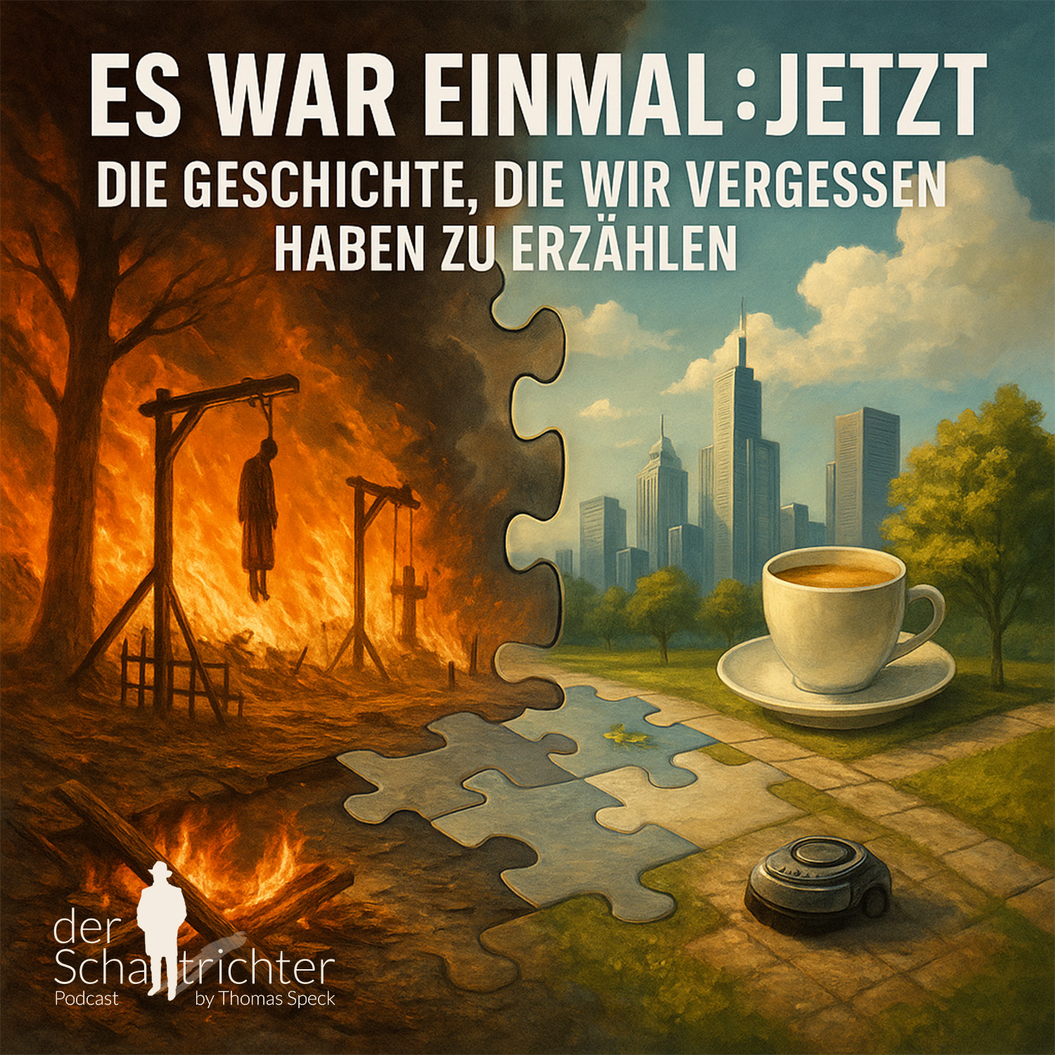 Quadratisches Coverbild mit fotorealistischer Illustration, das zwei kontrastierende Welten durch ein Puzzle-Motiv trennt: Links ein brennender Wald mit Galgen und mittelalterlicher Szenerie als Symbol historischer Grausamkeit; rechts eine moderne, sonnige Parklandschaft mit Wolkenkratzern, einem Becher Kaffee und einem Saugroboter als Sinnbild für Gegenwart und Komfort. In der Mitte verbinden Puzzle-Teile die beiden Hälften. Darüber der Titel: „Es war einmal. Jetzt – Die Geschichte, die wir vergessen haben zu erzählen.“