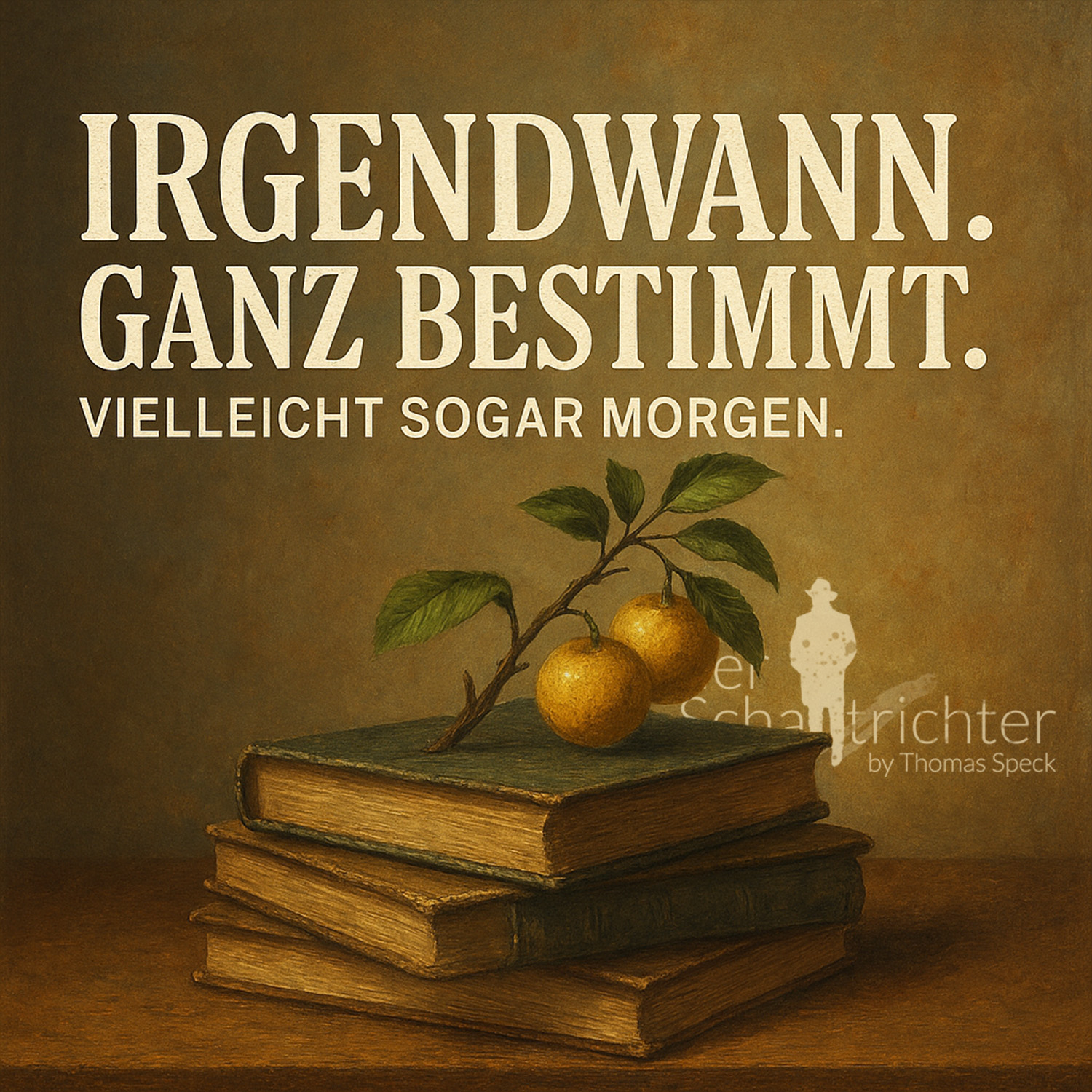Quadratisches Coverbild eines Podcasts. Vor einem warm getönten, gemalten Hintergrund liegt ein Stapel alter, abgenutzter Bücher auf einem Holztisch. Aus dem obersten Buch wächst ein kleiner Zweig mit zwei goldgelben Früchten. Oben im Bild in großen weißen Großbuchstaben der Titel: „IRGENDWANN. GANZ BESTIMMT.“ Darunter in kleinerer Schrift der Untertitel: „VIELLEICHT SOGAR MORGEN.“
