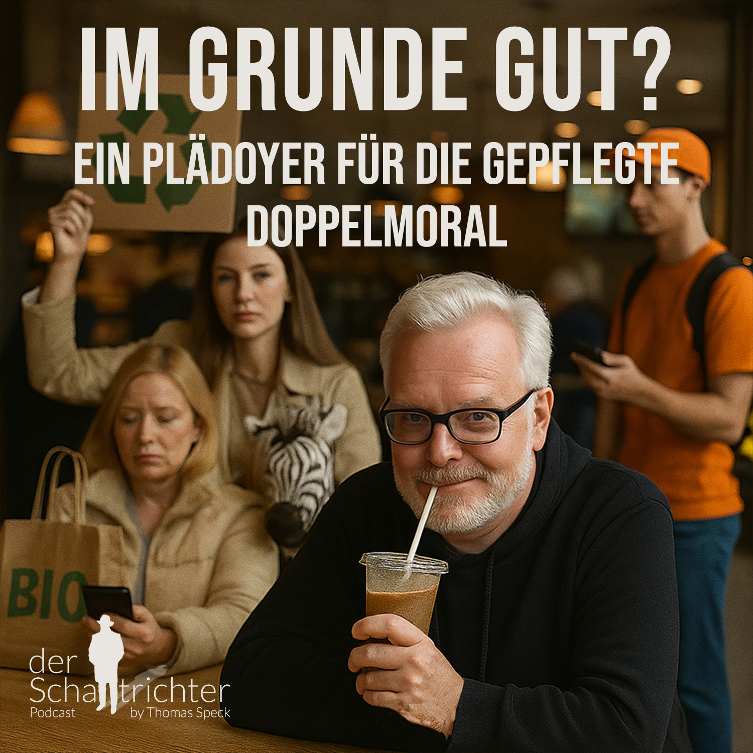 Thomas Speck in einer der modernen Cafes an einem Stehtisch. Er lächelt verschmitzt – fast ein wenig über die Menschen, die er beobachtet. Dahinter Personen mit Handys, eine Dame mit einem Zebrastofftier unter dem Arm eine weiter zeigt demonstrativ eine Einkaufstasche mit einem Bio Aufdruck. Im Bild das Logo des Schalltrichters und die Überschrift: „Im Grunde Gut? Ein Plädoyer für die gepflegte Doppelmoral“