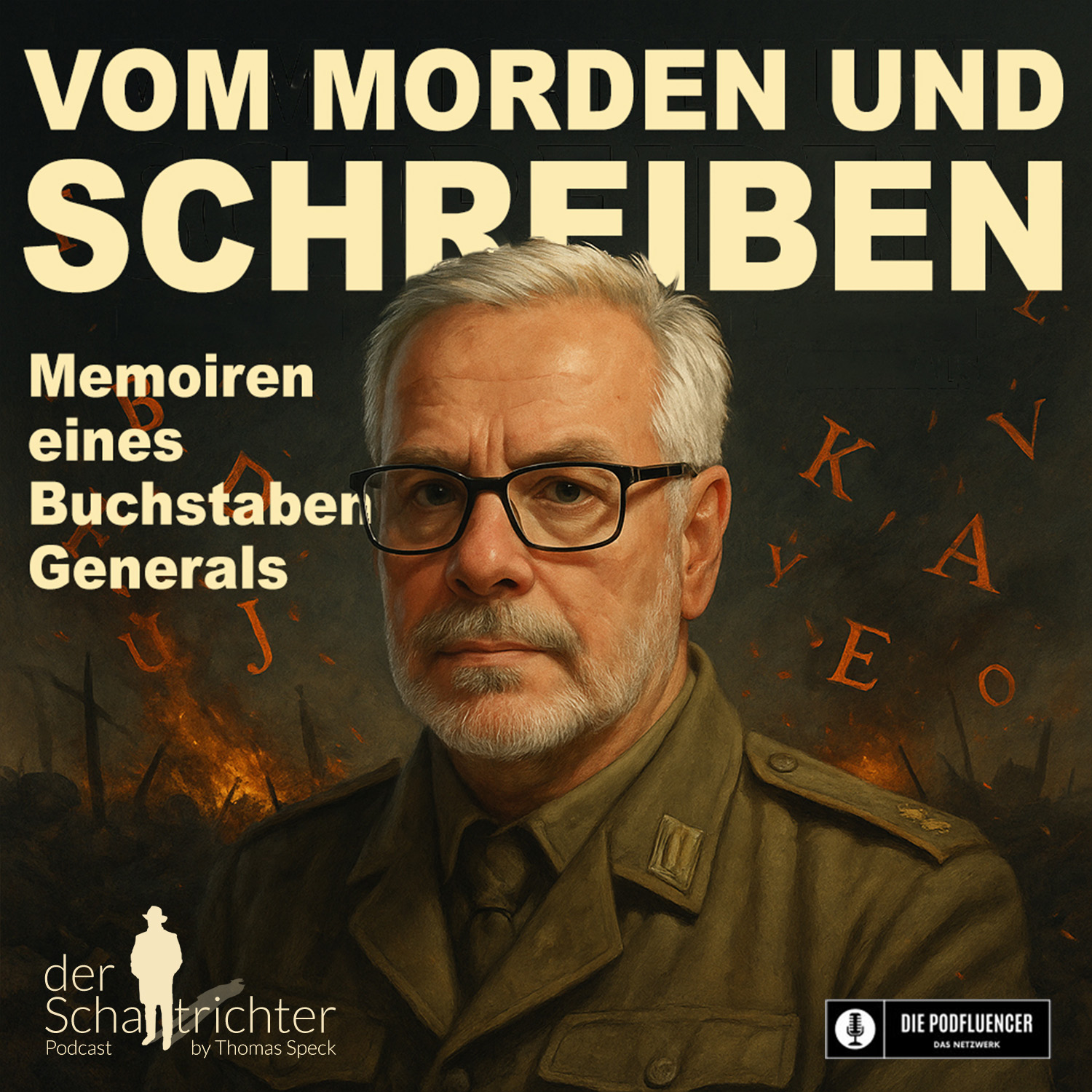 Quadratisches Cover im realistischen, malerischen Stil. Es zeigt einen älteren Mann mit weißem Haar, Bart und Brille, in militärischer Uniform mit ernstem Blick. Im Hintergrund sind Rauch, Feuer und fliegende Buchstaben zu sehen, was an eine chaotische Schlacht erinnert. Oben steht in großen gesperrten Buchstaben der Titel „Vom Morden und Schreiben“, darunter kleiner „Memoiren eines Buchstaben-Generals“