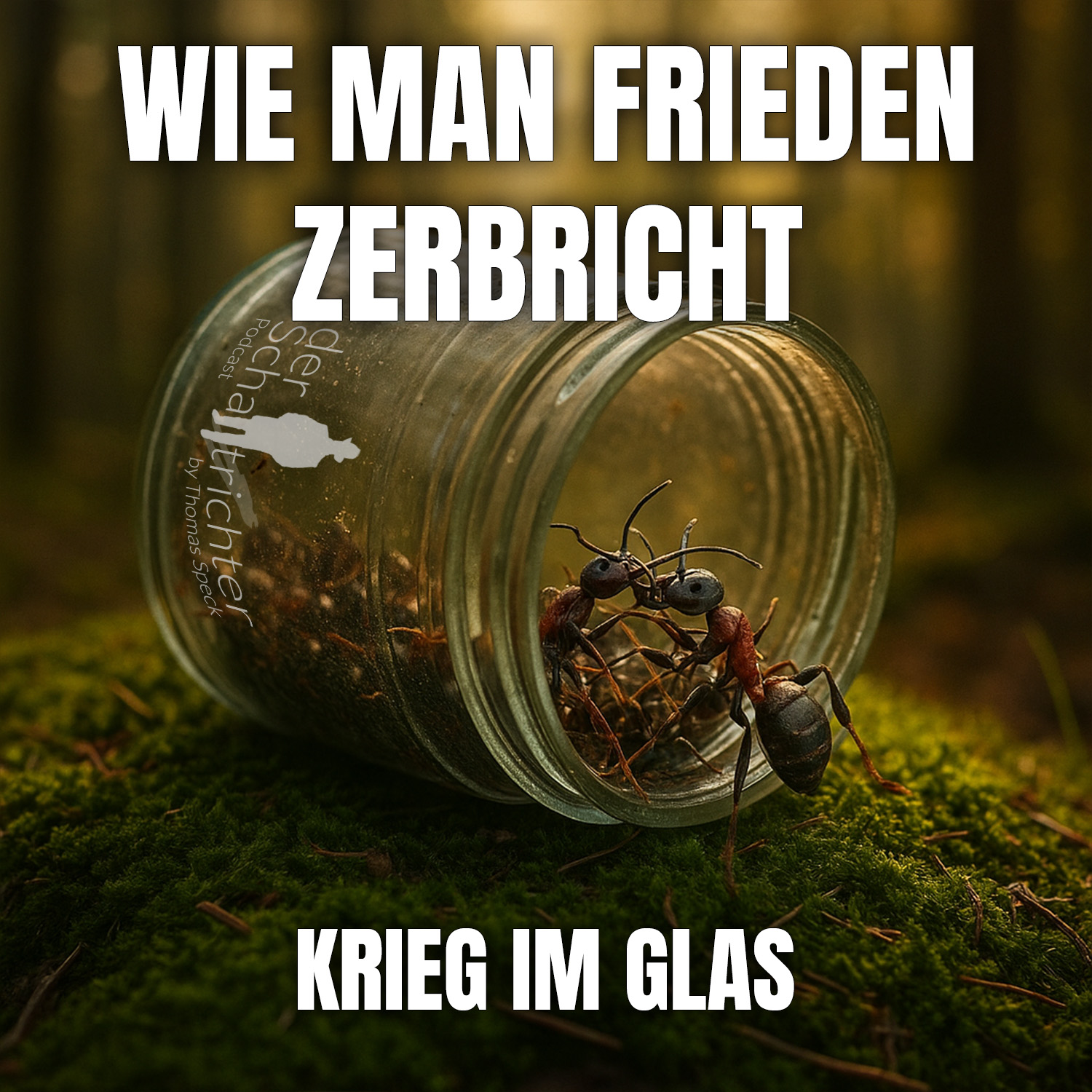 Quadratisches, fotorealistisches Cover: Ein umgestürztes Glas auf moosbedecktem Waldboden, in dem rote und schwarze Ameisen heftig gegeneinander kämpfen. Sonnenlicht fällt golden durch die Bäume und kontrastiert mit dem düsteren, chaotischen Treiben im Inneren des Glases. Die Überschrift auf dem bild lautet: Wer hat an der Welt gerüttelt? – Renn, Ameise, renn! Sichtbar auch das Logo von der Schalltrichter