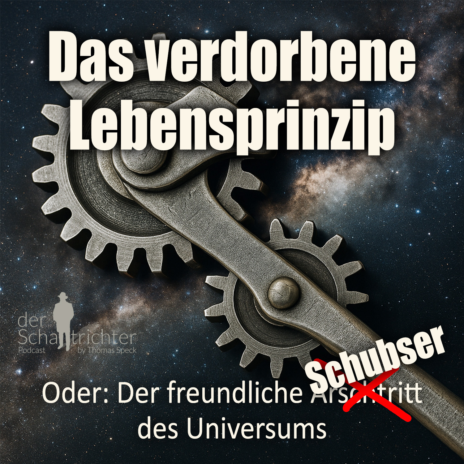 Fotorealistische Nahaufnahme eines komplexen Uhrwerks aus Zahnrädern, Hebeln und Metallteilen, das von einer einzelnen Sperrklinke in Position gehalten wird. Die Mechanik schwebt vor einem detaillierten, farbintensiven Bild des Universums mit Sternen, Nebeln und kosmischen Strukturen. Das Zusammenspiel aus altem Metall und weitem Weltraum erzeugt den Eindruck eines gigantischen, kosmischen Getriebes.